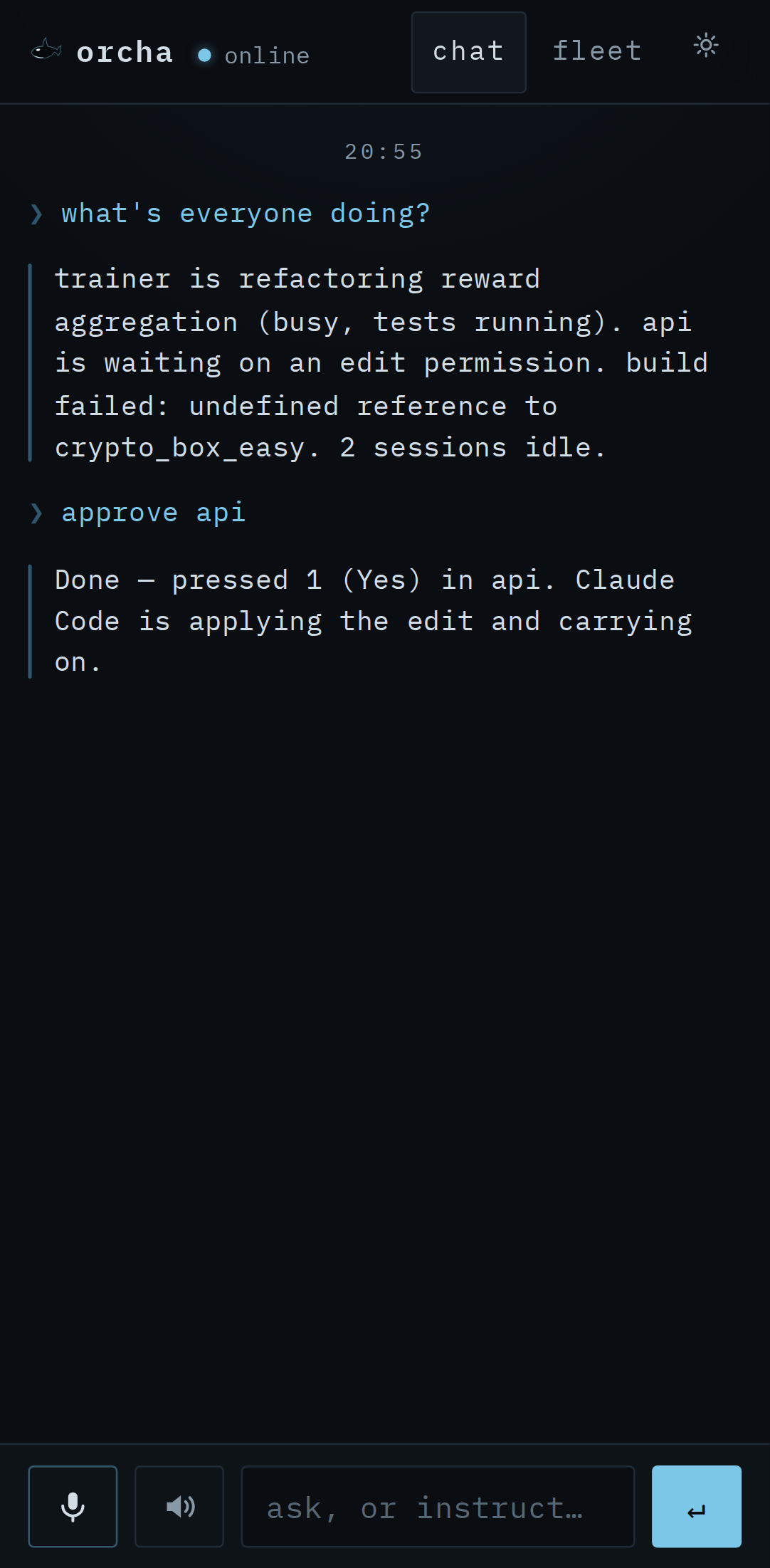 orcha chat answering which sessions need attention